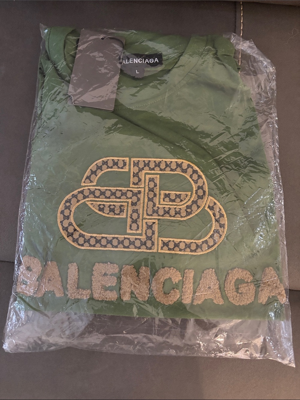 Balenciaga Green Short-Sleeve Logo Tee with Beige Appliqué